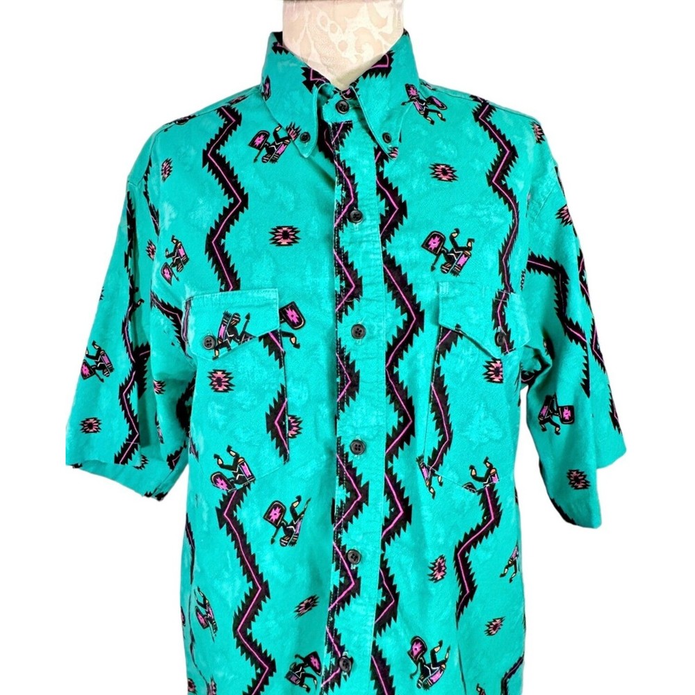 Vintage Wrangler Western Shirt Aztec Teal Cowboy Cut X-Long Tails Men's 17 - Picture 2 of 13